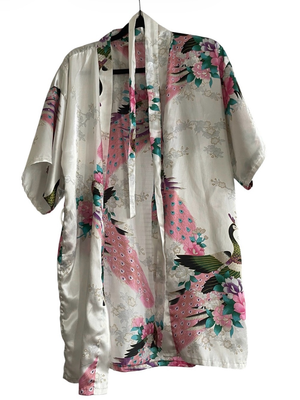 Silky White Kimono Shirt with Pink & Green Peacock Print